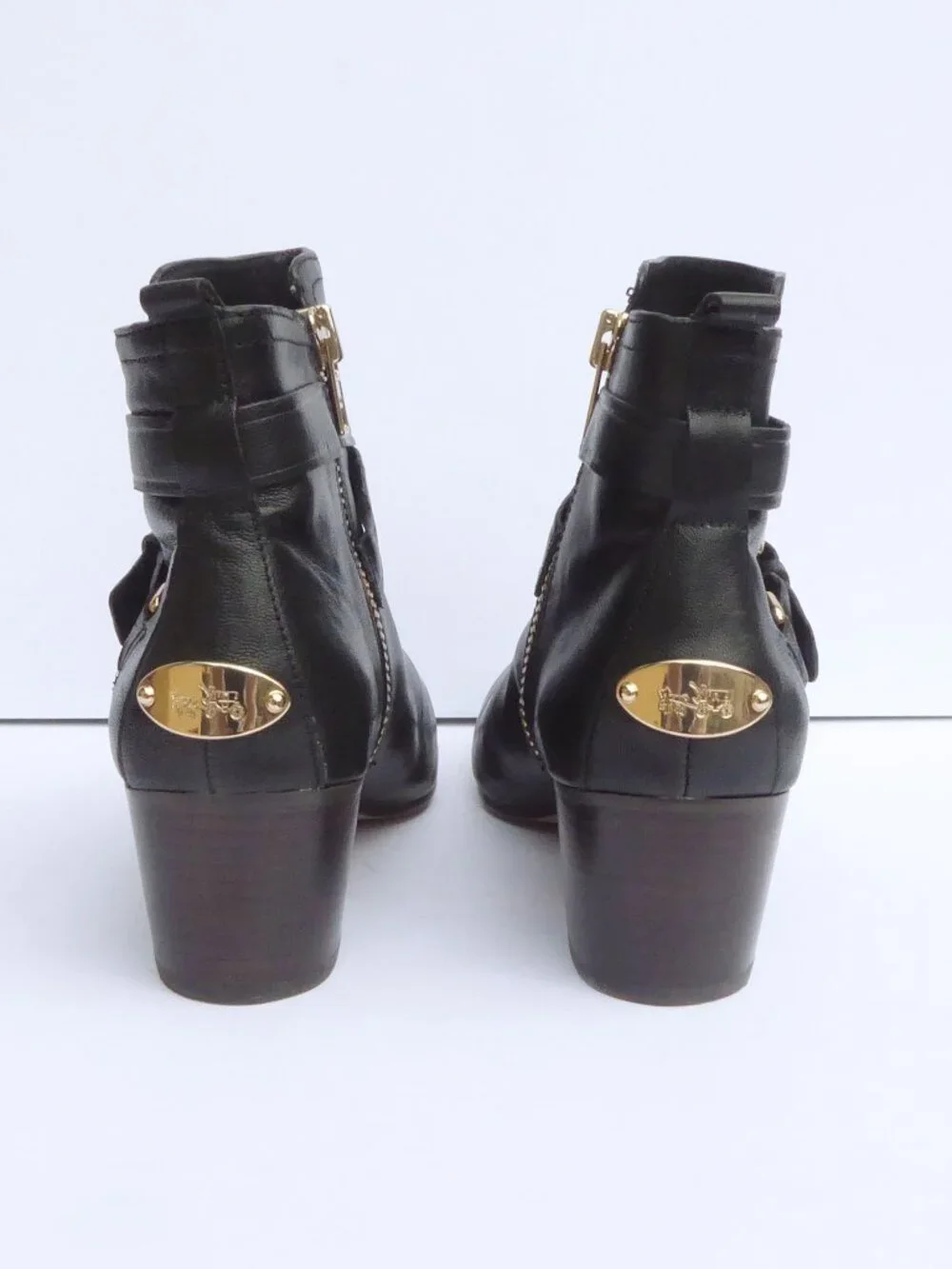 Coach black leather pauline booties with gold hardware buckle boots size 8